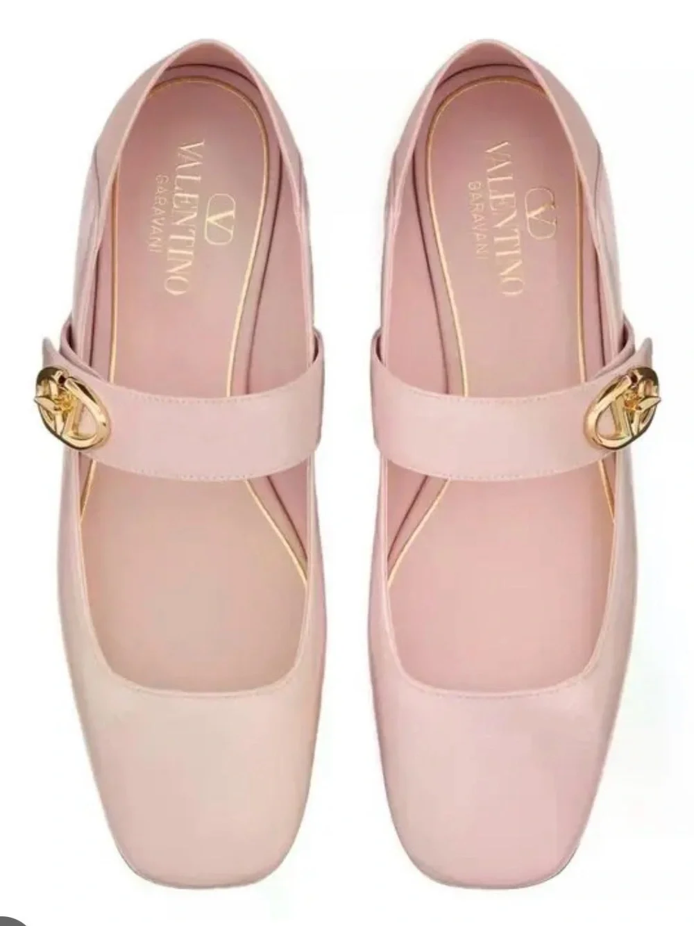 Valentino Garavani VLogo Blush Pink Mary Jane Flats with Gold Logo Buckle
